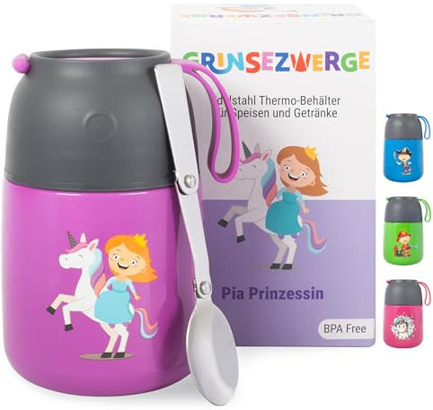 GRINSEZWERGE Kinder Thermobecher 500ml für Speisen und Getränke | Edelstahl Thermobehälter für Essen | Warmhaltebehälter Babybrei | Müslibecher | Thermo Lunchbox Prinzessin