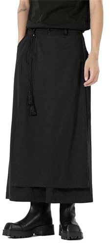 Pantalon Homme Jupe Irrégulière Traditionnelle Jupe Grande Taille Pantalon Homme Uni Samouraï Hakama Sarouel Pantalon Uni Baggy Streetwear Kilt Style Japonais, Noir , M