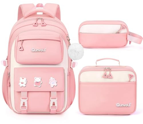Amythe Set Schulrucksack Mädchen 3. bis 7. Klasse, 2025 Schulranzen mit Lunch Tasche Federmäppchen für Schule Reisen für 15.6 Laptop-Rosa, 22L