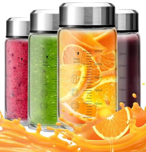 12oz Glass Juice Bottles with Lids 4-Pack, Wide Mouth Reusable Water Bottles for Juicing, Smoothies, Infused Water - Leakproof BPA Free Premium Clear Glass & Stainless Steel Lids, Fridge Safe
