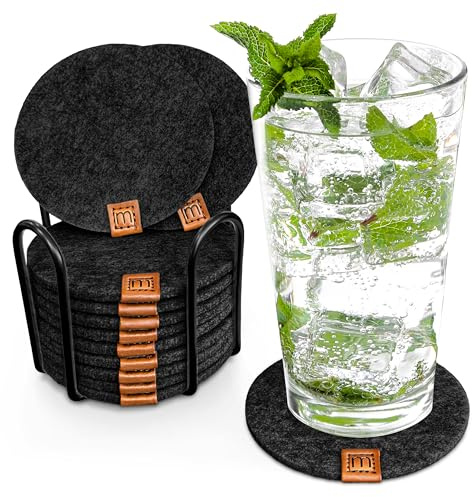 Miqio® Design Filz Glasuntersetzer rund | 12-er Set + Halter | Nachhaltige Oekotex Untersetzer für Getränke, Kerzen, Tassen, Bar, Gläser | Tisch Deko | schwarz