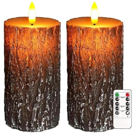 Justup 2 Stück Weihnachten Flammenlose LED-Kerzen mit Fernbedienung, Timer | Rinde Flackernde LED Kerzen, Dimmbare Säulen Kerzen Batteriebetrieben, Echtes Wachs Kerze für Weihnachten Winter Heimdekor