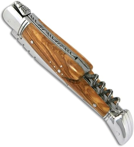 Couteau Laguiole - Manche en bois d'olivier - avec tire-bouchon et mitres en inox - pliant - fabrication française artisanale