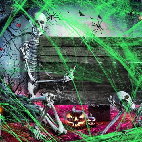 Halloween Dekoration Spinnennetz, 60G Leuchtendes Spinnennetz mit 30 Deko Spinne,Dehnbares Leuchtendes künstliches,für Garten Horror Dekoartikel