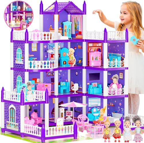 Doll House, Dream Dollhouse for Girls, Princess Playhouse with Lights Dolls Furniture Accessories Pretend Play Educational Toys for 3 4 5 6 7 8 9 10 Years Old Kids Toddlers Gifts (Purple)