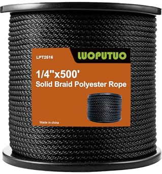 1/4 Inch 500FT Black Polyester Solid Braid Rope | High UV & Abrasion Resistance | Industrial Grade, Low Stretch | Multipurpose for Flag Poles, Clotheslines