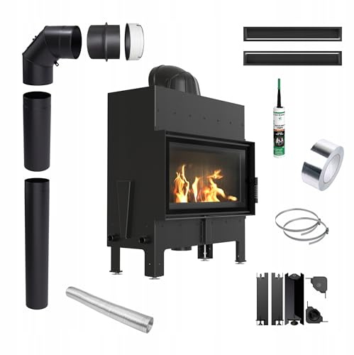 Inserto per camino a legna in acciaio nero Floki ∅200 12 kW BImSchV 2 efficienza 85% inserti camino in legno, gamma di potenza 10 – 16 kW, set completo con accessori