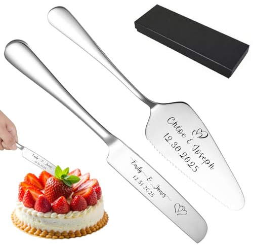 Personalisiertes Tortenmesser & Servierset mit individuellem Namen und Text - Tortenservierset & Hochzeitstorten-Schneideset - Geschenk zur, Hochzeit, Jahrestag & Geburtstag (Silbernes Kuchenmesser)