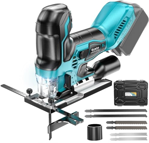 Ecarke Cordless&Brushless Jig Saw Compatible With Makita 18V Battery, 3800RPM, 7 Speeds Dial Control, Free-Tool ±45° Bevel Cuts, 4 Orbital Action, Dust Blows and 6 Blades For Cutting (Only Tool)