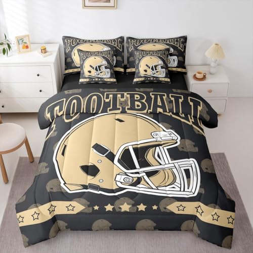 Erosebridal Football City Comforter Set 7 Piece Bed in A Bag Twin,Footballs Game Bedding Sets for Kids and Adults Rugby Sports Comforter and Sheets Retro Helmet Bed Set,Yellow Black