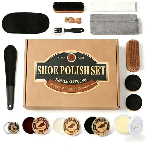 16 in 1 Leather Shoe Polish Kit,Shoe Shine Kit with Black/Brown Shoe Polish,Shoe Cleaning Kit for Leather Boot Care and Cleaning,Shoe Shine Gifts for Men