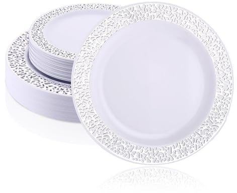 MUXHEL 50er-Set Weiße Plastikteller, 19cm & 26cm Mehrweg Kunststoffteller, Plastikteller Mehrweg, Partyteller Partygeschirr Plastikgeschirr, Partyteller mit Silbernem für Hochzeiten, Partys