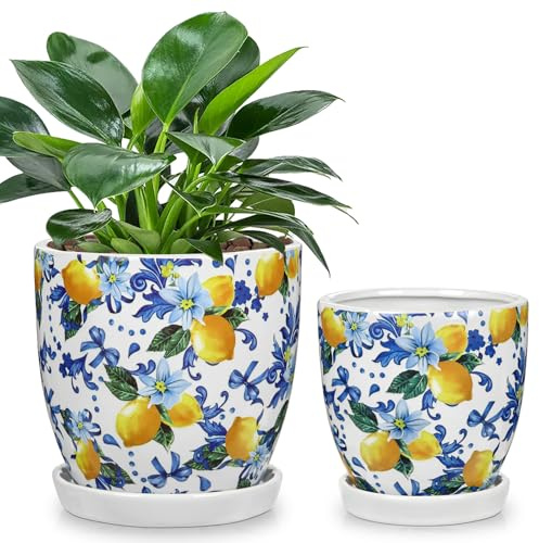 Oairse Keramik Übertopf mit Zitronenmuster, Blumentöpfe mit Drainageloch-Untersetzern für Zimmerpflanzen, Retro-Dekoration für Gartenbehälter-Sets im Freien, Durchmesser Öffnung 13.5cm+11cm