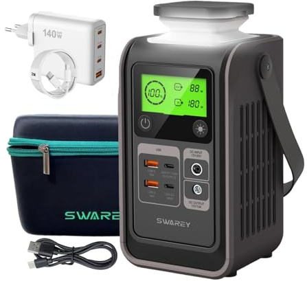 SWAREY Estación de Energía Portátil S200, 192Wh Batería LiFePO4, Salida DC de 180W, Cargador USB-C con Carga Rápida PD de 140W, Generador Solar para Camping Viajes Emergencias