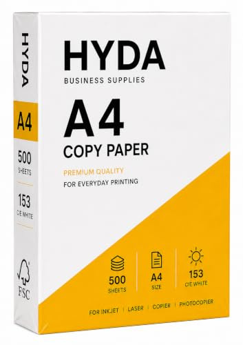 HYDA Printer Paper A4 White 500 Sheets 1 Ream Multipurpose Copy Paper for Inkjet Laser Printers Copiers Photocopiers Home Office School and Business Use