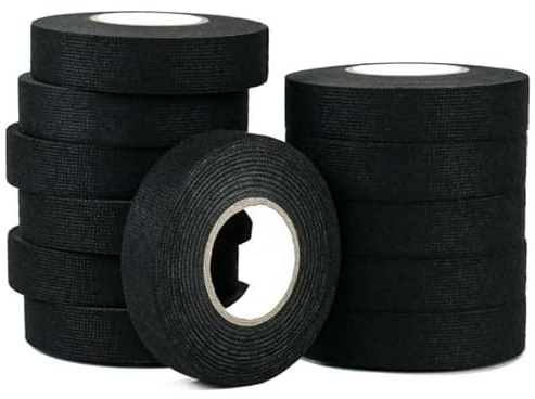CHUANGSEED Car Wiring Harness Tape, 12 Rollen 19mm x 15m Selbstklebendes Gewebeklebeband, Kabelbaum Band, Isolierband Schwarz, Kabelbaum Klebeband für Kabelbäume und Elektrik