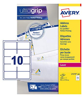 Avery Italia L7173-100 Etichette per indirizzi per pacchi, 10 Pezzi per Foglio, 100 Fogli, 99.1 x 57, Bianco