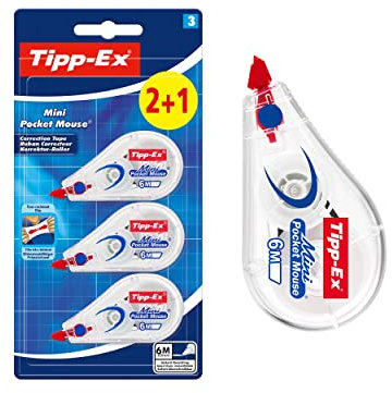 Tipp-Ex Cinta Correctora Mini Pocket Mouse – Óptimo para Material Escolar - 6 m x 5 mm, Pack de 2+1, Color Blanco