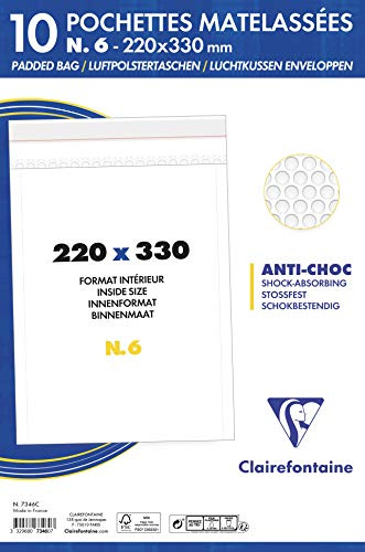 Clairefontaine 7346C - Paquet de 10 Pochettes Blanches Matelassées de Film à Bulles 220x330 mm - 90g/m²