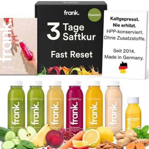 Frank Juice Saftkur 3 Tage, 18 x 330 ml Säfte + 3 x 60 ml Ingwer Shots | Vegane Fastenkur | Direktsaft kaltgepresst, aus frischem Obst und Gemüse | inkl. 4,50€ Einwegpfand im Preis enthalten