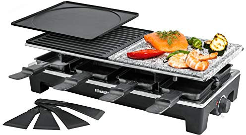 ROMMELSBACHER Raclette Grill RCS – 2 Wendegrillplatten, 1 Steingrillplatte, 8 Pfännchen, 8 Schaber, Antihaftbeschichtung Xylan Plus, stufenlose Temperaturregelung, 1350 Watt, Schwarz/Edelstahl