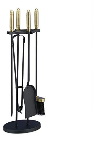 Relaxdays 10028781 Ensemble serviteur de cheminée 5 pièces, acier laiton, accessoire pelle balai support tisonnier, noir/or, 1