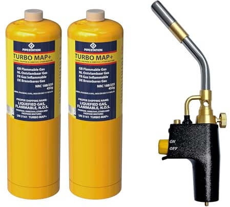 Super Total Fire Blow Torch Kit and 2 x Mapp+ Gas Cylinder | Blowtorch & Map Gas Canisters for Soldering Brazing Thawing Heat Treatment | Gas Blow Torch Plus Gas Map+ Gas Included | Trade Pack
