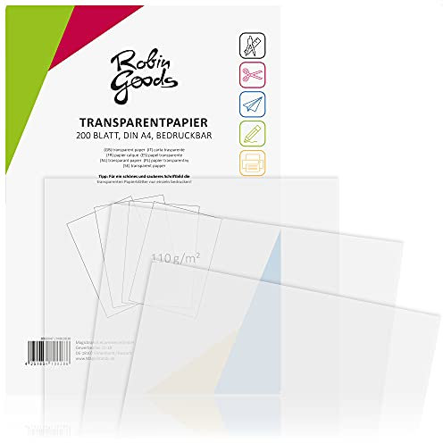 Robin Goods® 200 Blatt Premium Transparentpapier DIN A4, 110g/m², Super Qualität, bedruckbar, Bastelpapier, Pauspapier, Pergamentpapier, Architektenpapier (200 Blatt - transparent)