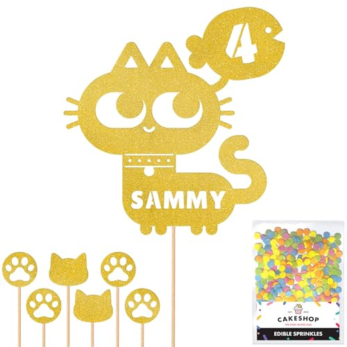 Personalised Birthday Cat Kitten Glitter Cake Topper- Gold Any Name & Age Glitter Cake Decoration and Sprinkles - Happy Birthday Decorations - Personalised Toppers for Cakes by Cakeshop