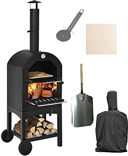 Vintage Gourmet® Outdoor Pizza Oven Set Includes Pizza Oven,Stone,Rain Cover, Pizza Peel & Cutter Garden Outside Barbecues Smoker Charcoal Fired Bread Meat Grill Gourmet Maker Pizza Enthusiast Gift