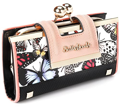 Gladdon Portefeuille Femme Élégant, 10 Emplacements Cartes avec Fenêtre Transparente, Fermoir Métallique, Poche à Pièces, Sac de Soirée, Motif Papillon sur Fond Blanc