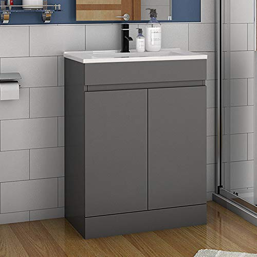 Aica Sanitär Waschtisch mit Unterschrank 60 cm Badmöbel Set mit Waschbecken Keramik dünn Gäste WC Anthrazit Matt