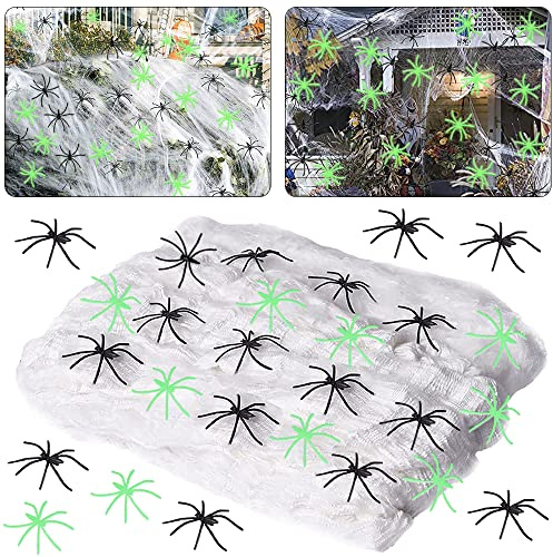 ZDQC 1000 Quadratmeter Halloween Dekoration Spinnennetz,170 Stück Halloween Spinne,300g Spinnennetz,Spinnennetz Deko,Halloween Spinne Aussendeko,Spinnen Deko Halloween,Spinnennetz Deko Wand