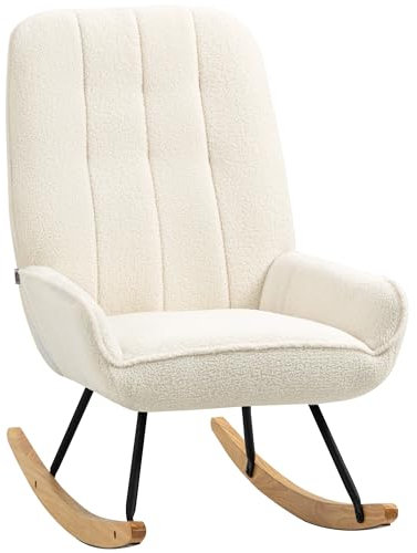 HOMCOM Schaukelstuhl Schaukelsessel mit Rückenlehne, Holzkufen, Relaxsessel, Sessel mit Sherpa-Vlies Stillsessel Schwingsessel für Wohnzimmer, Schlafzimmer, Balkon Cremeweiß