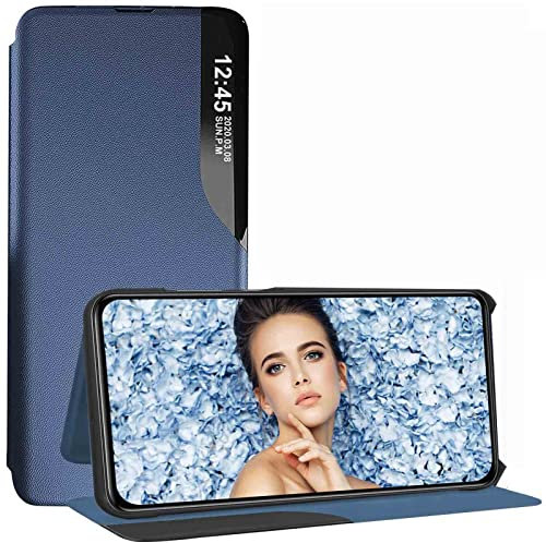 WOBURN Hülle für Samsung Galaxy S23 5G, Clear View Flip Handyhülle, PU/PC Lederhülle Schutzhülle Intelligentes Erwachen Case mit Flip Klappbarer Stände. Blau