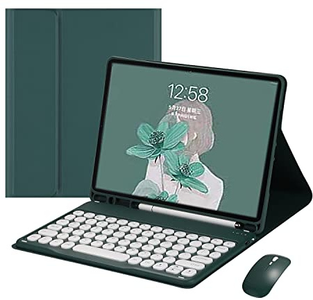 QYiiD Teclado con Funda para iPad 9.7 2018/2017, iPad Air 2/1, iPad Pro 9.7, iPad 6ª/ 5ª Generación, Lindo Redondo Teclado Bluetooth Mouse Español Funda con Cubierta Magnética Delgada, Verde Oscuro