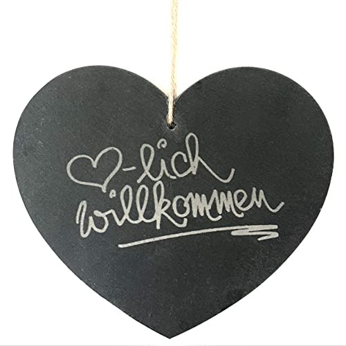 Schiefer-Herz Hänger Herzlich Willkommen 20x17cm. Kanten GESCHNITTEN. Herz Gravur Steinherz Naturschiefer Türhänger Gastgeschenk
