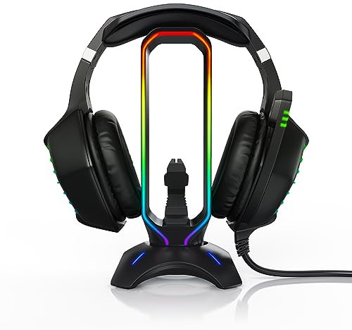 CSL - Kopfhörer Ständer mit 2 x USB 3.2 Gen1 Hub, Mausbungee, Kopfhörerständer 3in1, 6 RGB Farben Farbwechselmodus Plus weiß, Kopfhörer Halter für Over Ear Kopfhörer, Gaming Headset Headphone Stand