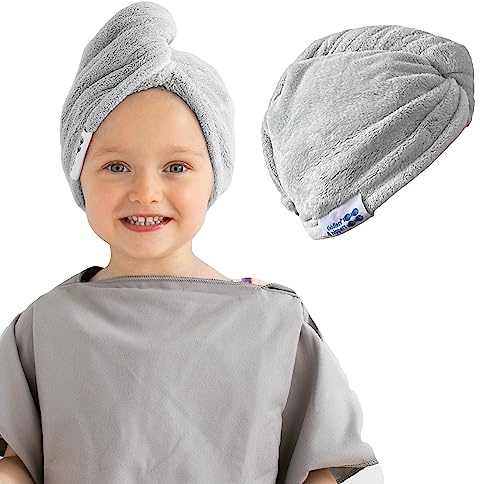 tiddlers & nippers Super Absorbent Hair Wrap Twist Towels | 65x25cm Large Turban with Button & Elastic Fastening for Women & Kids (Grey)