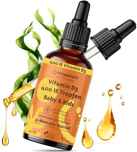 VitaminFit Babys und Kinder Vitamin D3-Tropfen Nahrungsergänzung für Kinder - Für Babys ab 0 Jahren - Glutenfrei - Zuckerfrei - Laktosefrei - Flüssig - 100% Pflanzlich - Vegan - 10 ml
