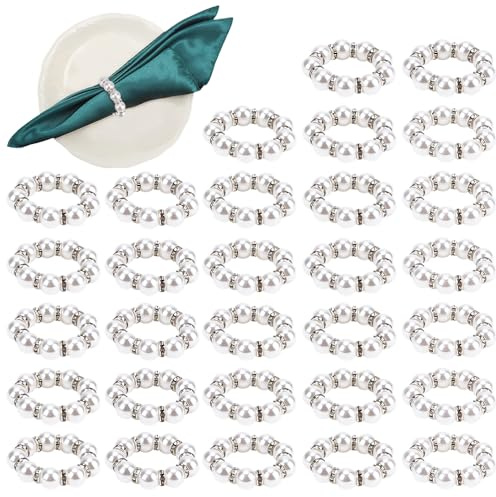 Pearl Napkin Rings, 30PCS Wedding Napkin Rings Buckles Serviette Rings Stretched Rhinestone Napkin Ring Holder, Napkin Buckles Table Decor for Dinner Candlelit Banquet Festival Party Thanksgiving