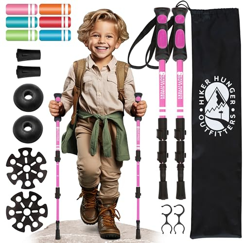 Kids Hiking Poles by USA Brand - Lightweight Collapsible Kids Walking Stick w/Quick Adjustable Flip Locks (Pink)