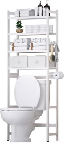 Cozivolife Over The Toilet Storage with 2 Baskets, 4-Tier Bamboo Organizer Rack with Paper Holder & 4 Hooks & Waterproof Feet Pad,Freestanding Shelf for Bathroom(White)