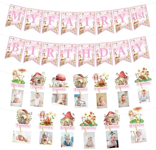 Décorations pour le premier anniversaire de ma fée, inclure Bannière My Fairy 1st Birthday, Bannière mensuelle avec photo de la forêt enchantée pour la fête d'anniversaire de la fée