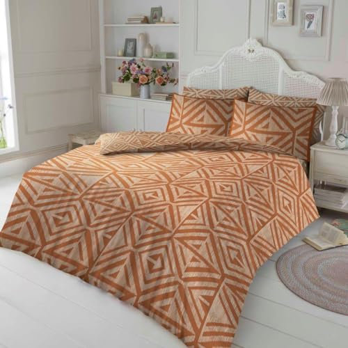 Artistic Fashionista Limited Easy Care Cotton Rich Printed Reversible Complete Bedding Set, Duvet Quilt Cover with Matching Fitted sheet & Pillowcases Bed Linen Set (Tiza Rust, Double)