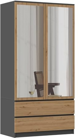 WHATSIZE ENTERPRISE Wardrobe 2 Doors, Drawers with Mirror Bedroom Furniture | Anthracite/Artisan Oak - Garderobe Wardrobe Mirrored Doors Easy Assembly Push-to-Open Large Capacity 4 Shelves 50x90x180 cm
