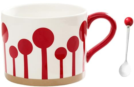 Biigming Tazas de Café de Cerámica de 450ml con Bonita Cuchara, Color Rojo y Blanco, Aptas para Lavavajillas y Microondas, para Cumpleaños, Navidad(flor)