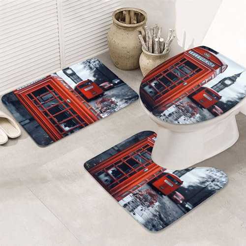 Badezimmerteppich-Set, 3-teilig, superweich, saugfähig, rutschfest, England, Großbritannien, Retro, London, Telefon, Badteppich, U-förmiger WC-Vorleger, waschbarer WC-Deckelbezug für Badezimmer,