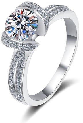 Epinki 14 Karat Weißgold Au585 Hochzeitsring, Klassiker Rund 1ct Labor Erstellt Diamant Solitärring, 14K Gold Damen Diamantring Echt Schmuck, Gr.48 (15.3)