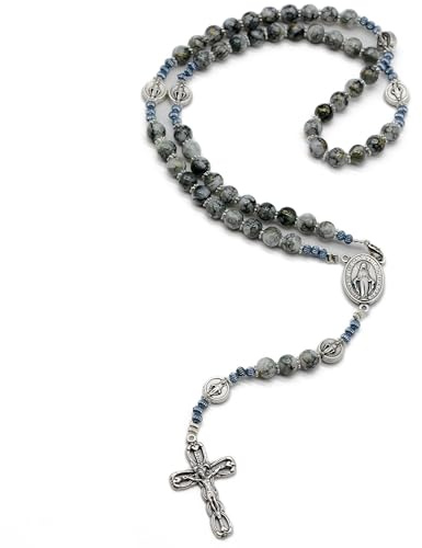 OVUNQUE PROTEGGIMI Rosenkranz mit grauem Marmor-Effekt und Medaille der Wundertätigen Madonna, eleganter Rosenkranz, katholisches Geschenk., m, Glas, Glas